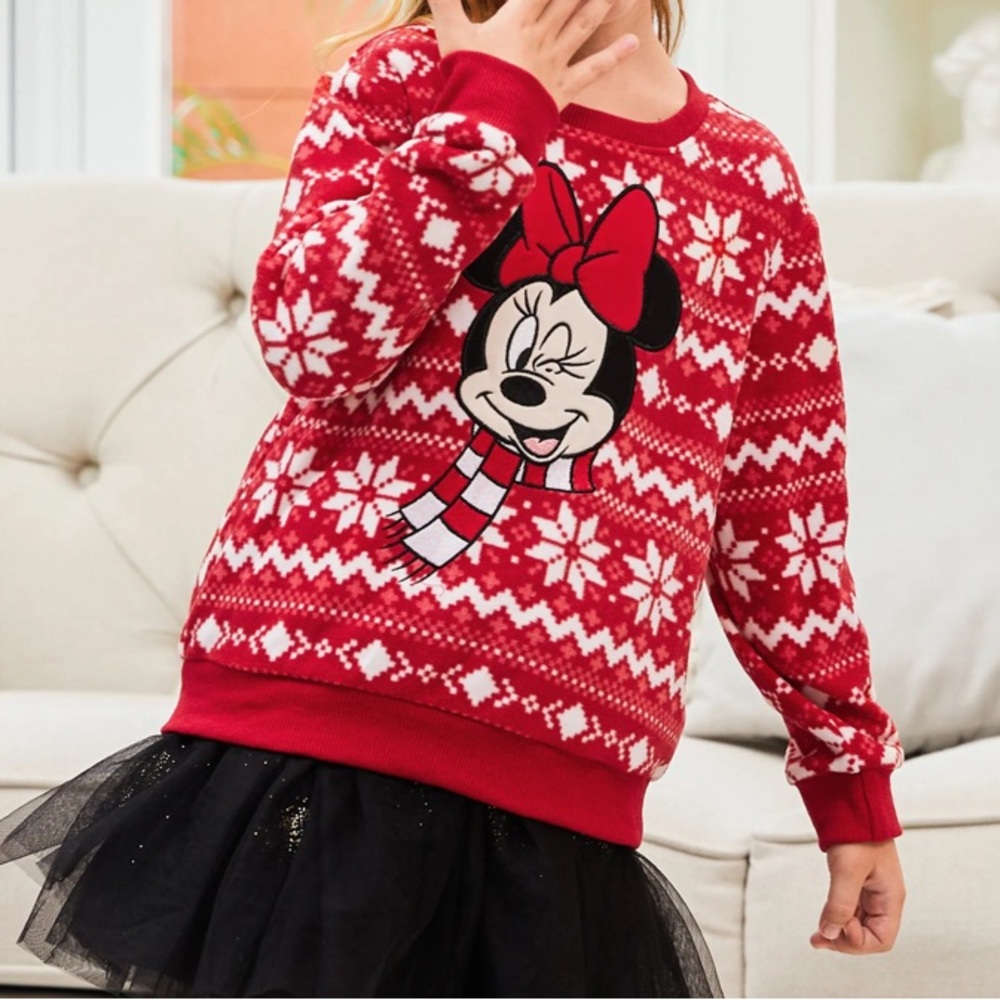 Disney Girl Mickey Snowflake Print Xmas Fleece Crew Neck Red Sweatshirt